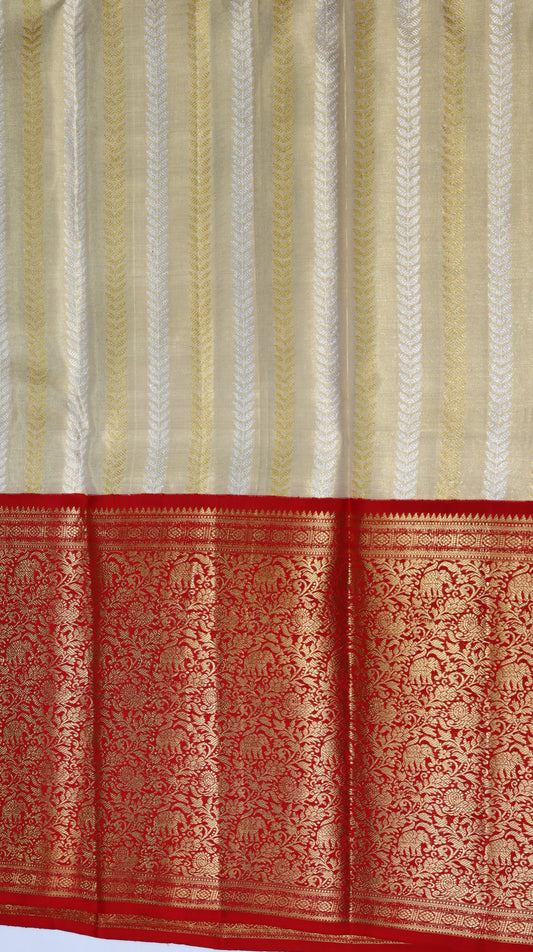 Tissue Off White Kanchipuram Silk Saree with Red Zari Border | Elephant Motif Bridal Saree | My First Saree From Weavers and Best on Online
