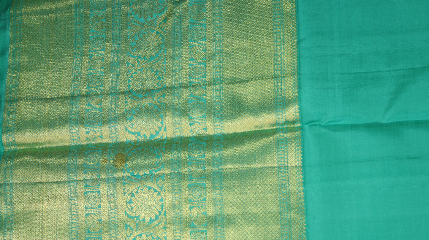 Royal Blue Pure Kanchipuram Silk Saree with Gold Zari Buttas & Contrast Sea Green Border