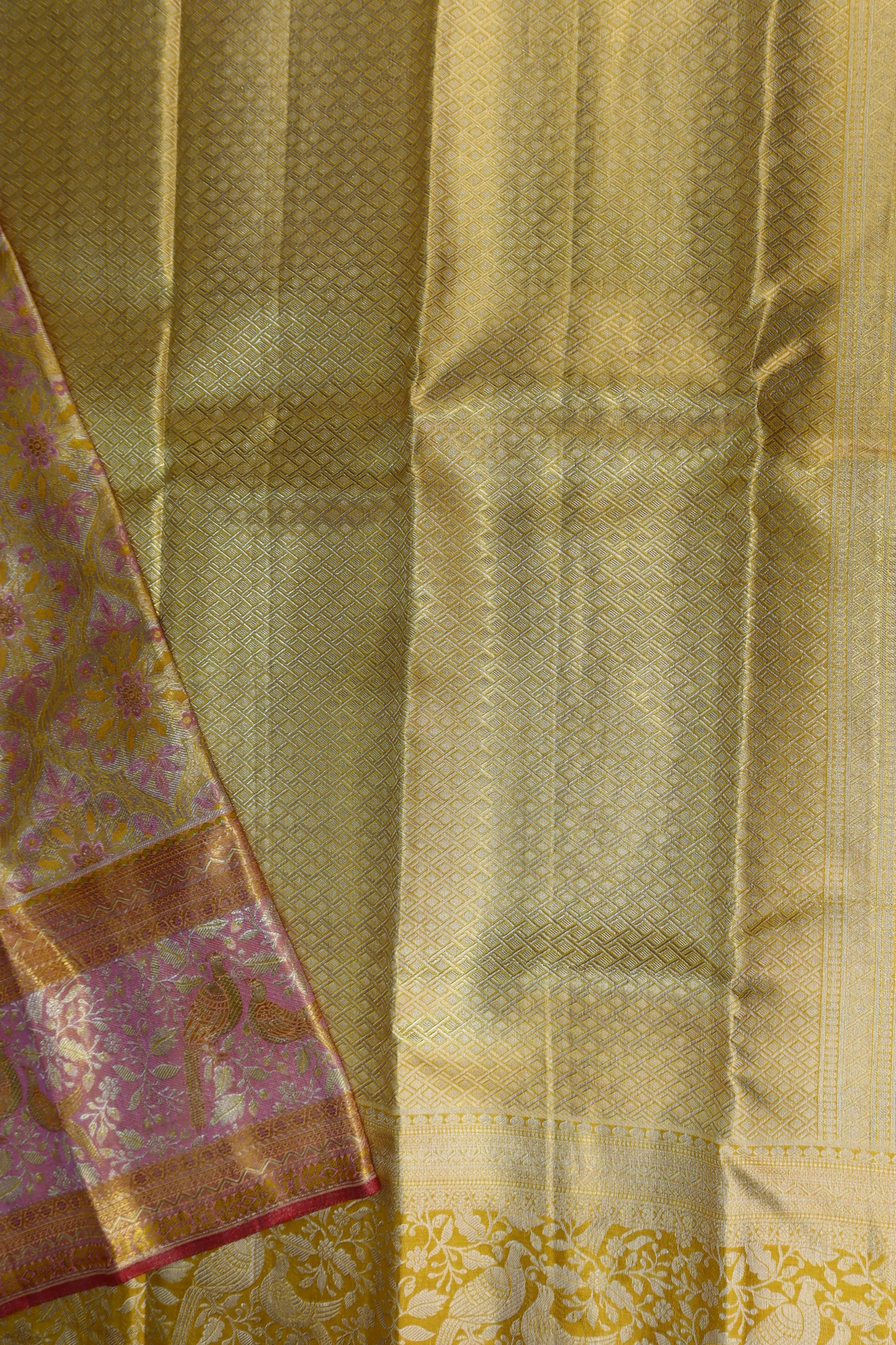 Timeless Yellow With Pink Kanchipuram Silk Saree From Weavers and Best on Online