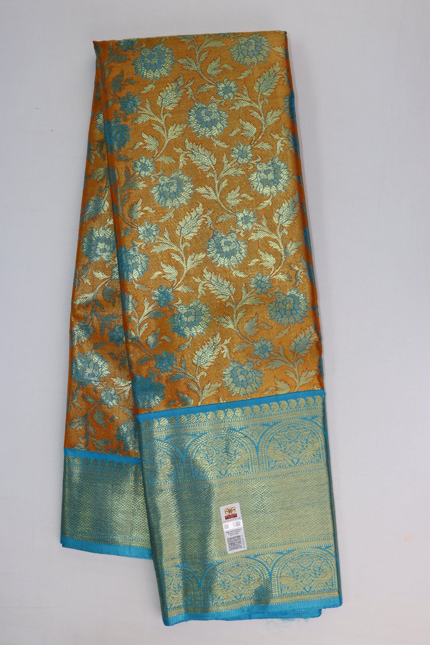 Timeless Orange with Blue Kanchipuram Silk Saree From Weavers and Best on Online