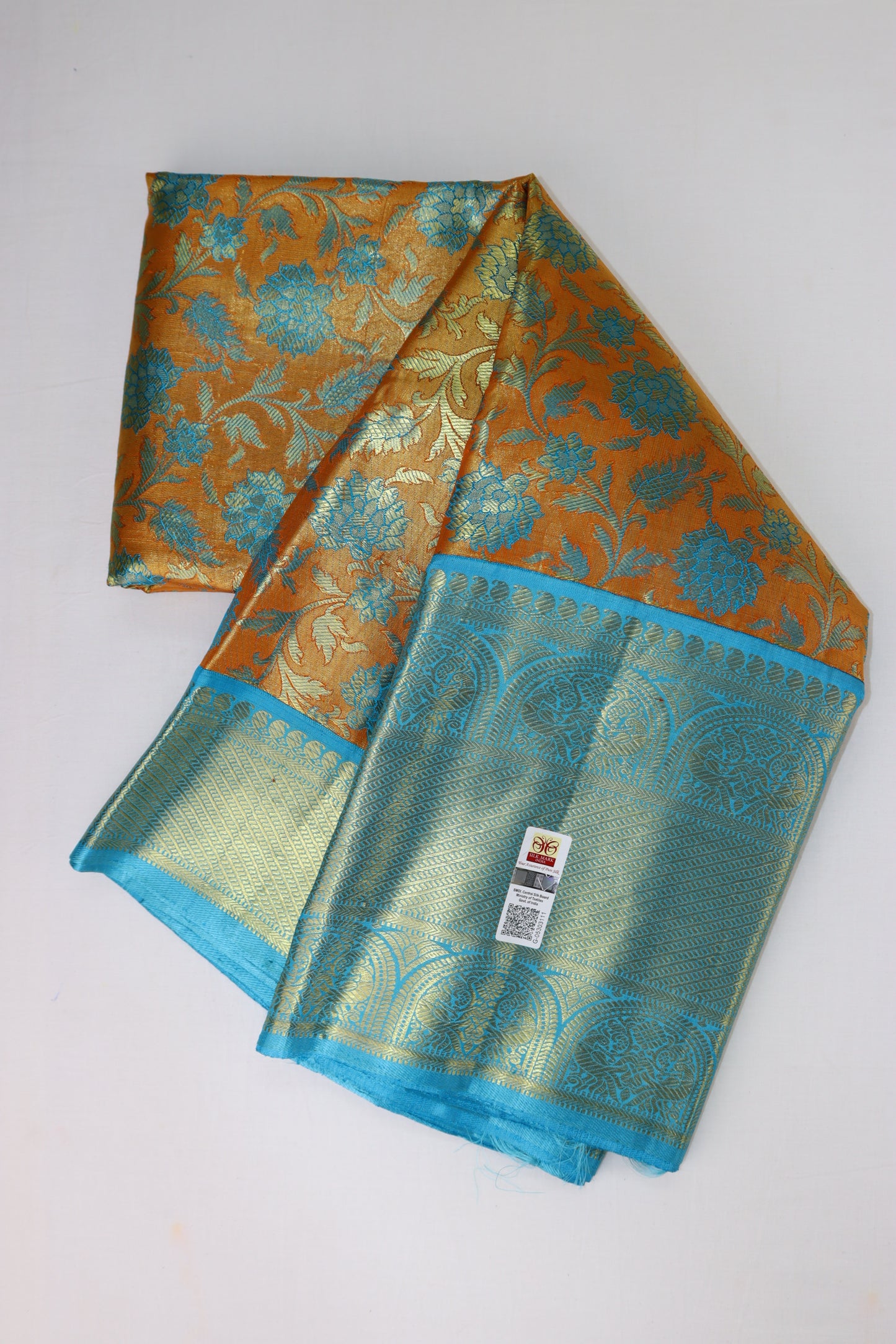 Timeless Orange with Blue Kanchipuram Silk Saree From Weavers and Best on Online