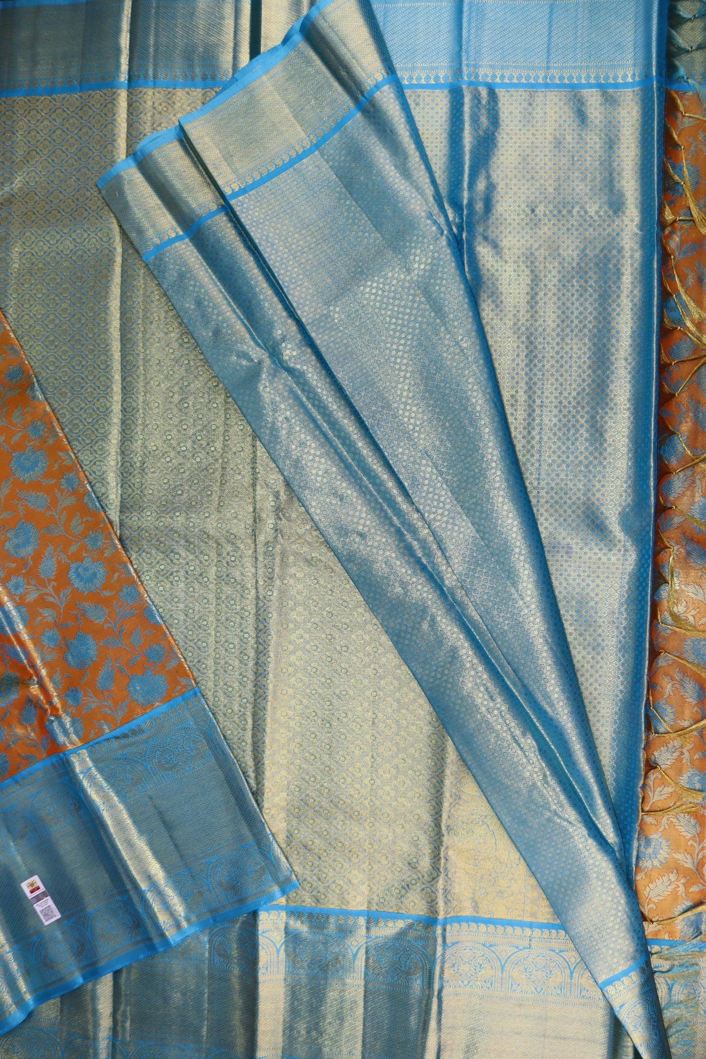 Timeless Orange with Blue Kanchipuram Silk Saree From Weavers and Best on Online