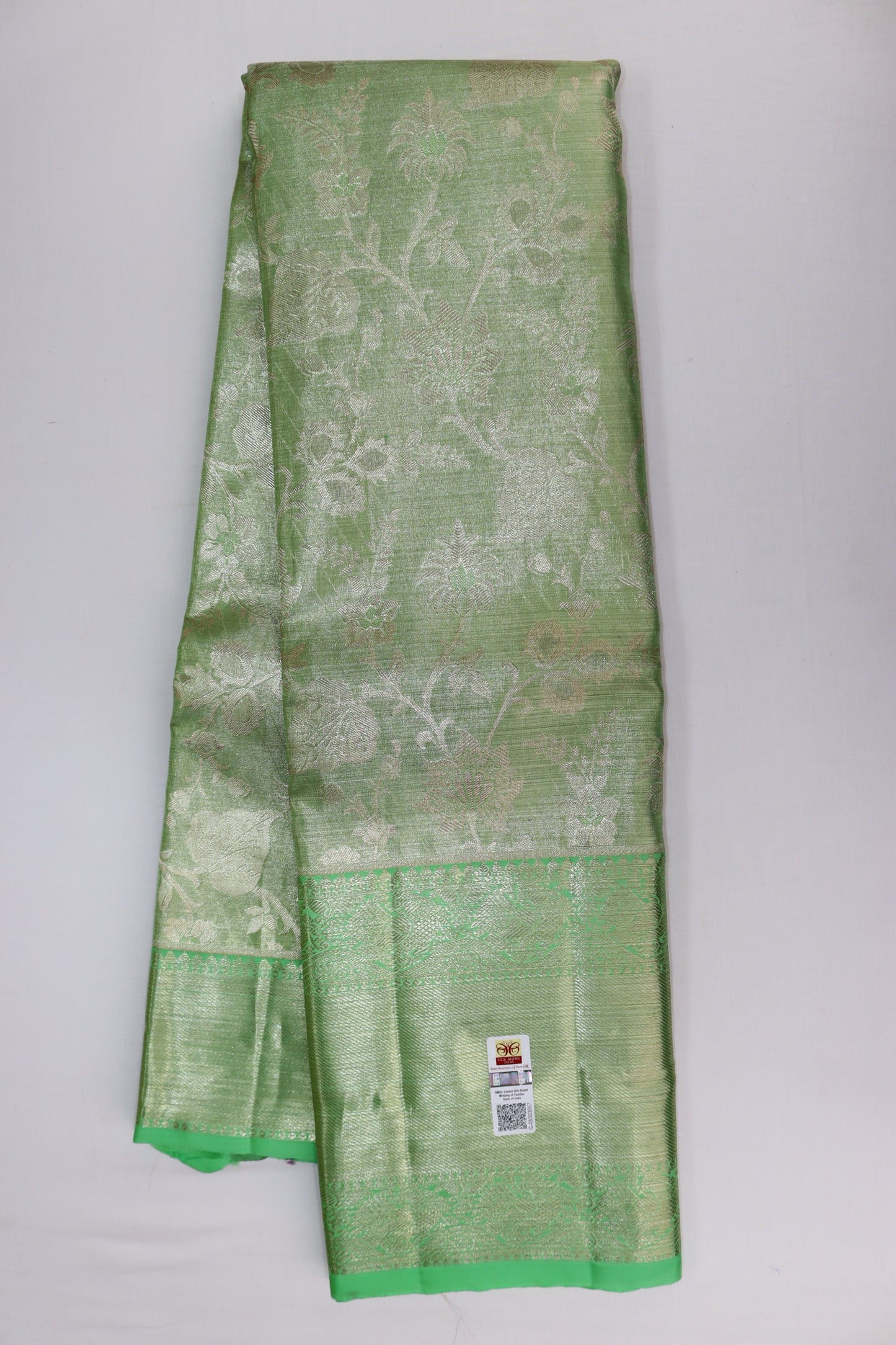Classy Light green with Silver tone Kanchipuram Silk Saree From Weavers and Best on Online