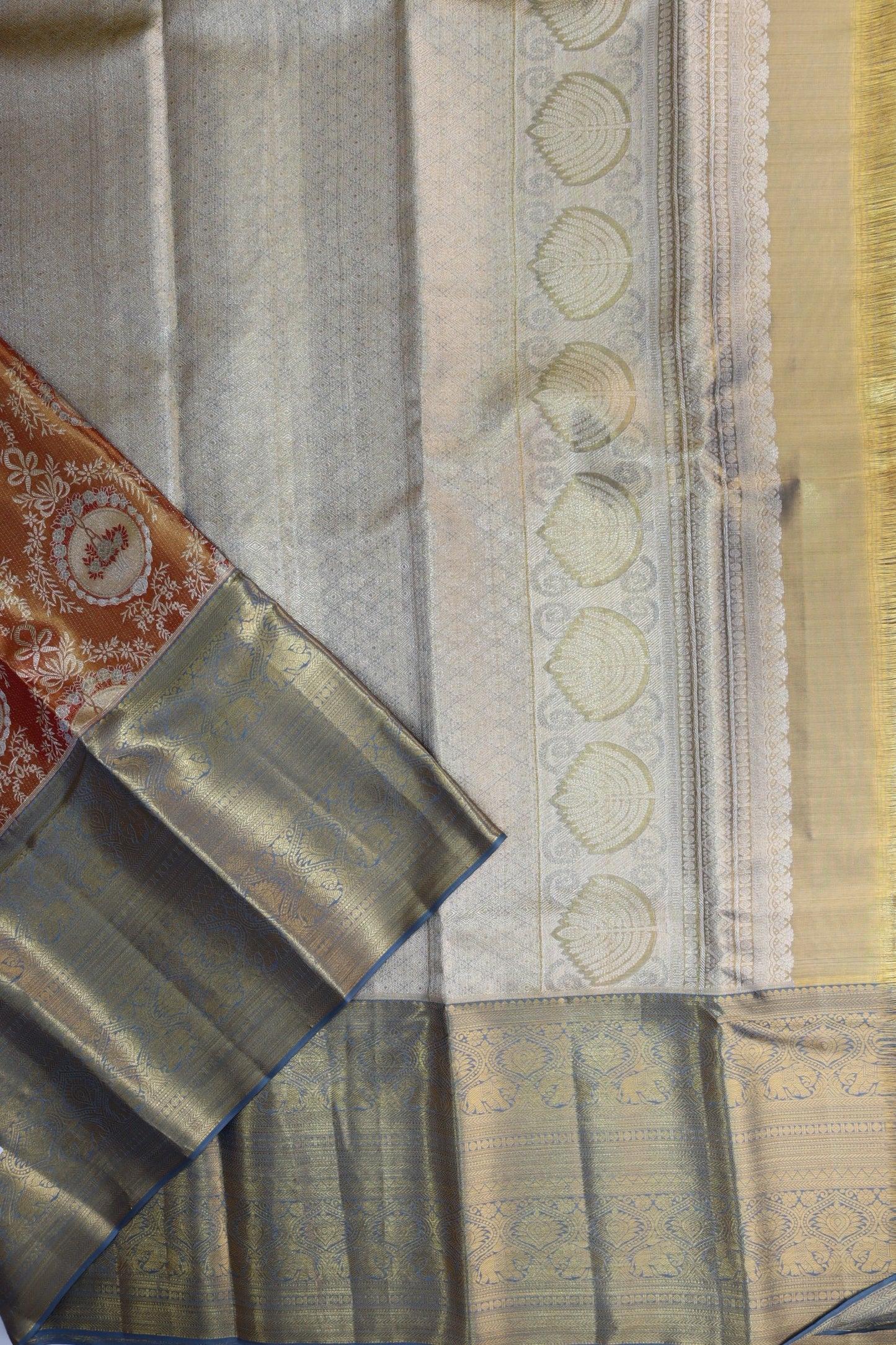Stunning Melon Orange With Blue Kanchipuram Silk Saree