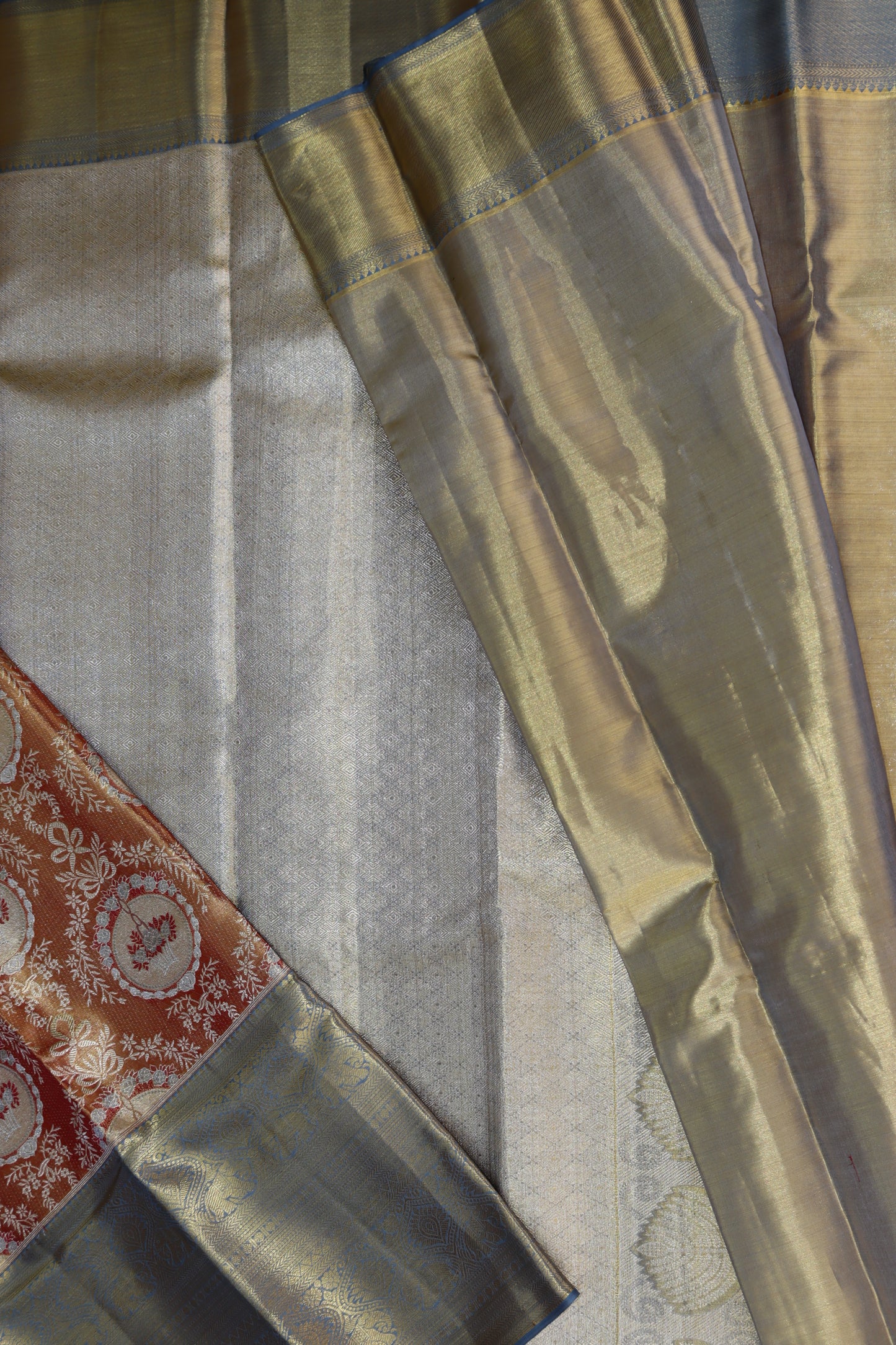 Stunning Melon Orange With Blue Kanchipuram Silk Saree