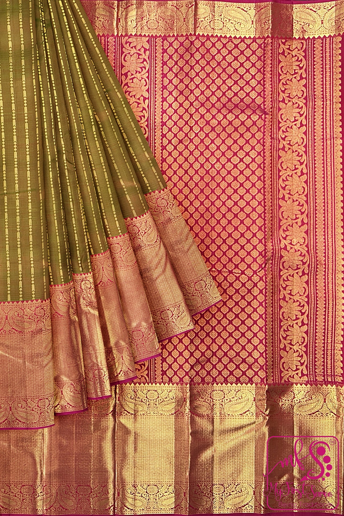 Traditional Olive Green Kanchipuram Silk Saree From Weavers and Best on Online