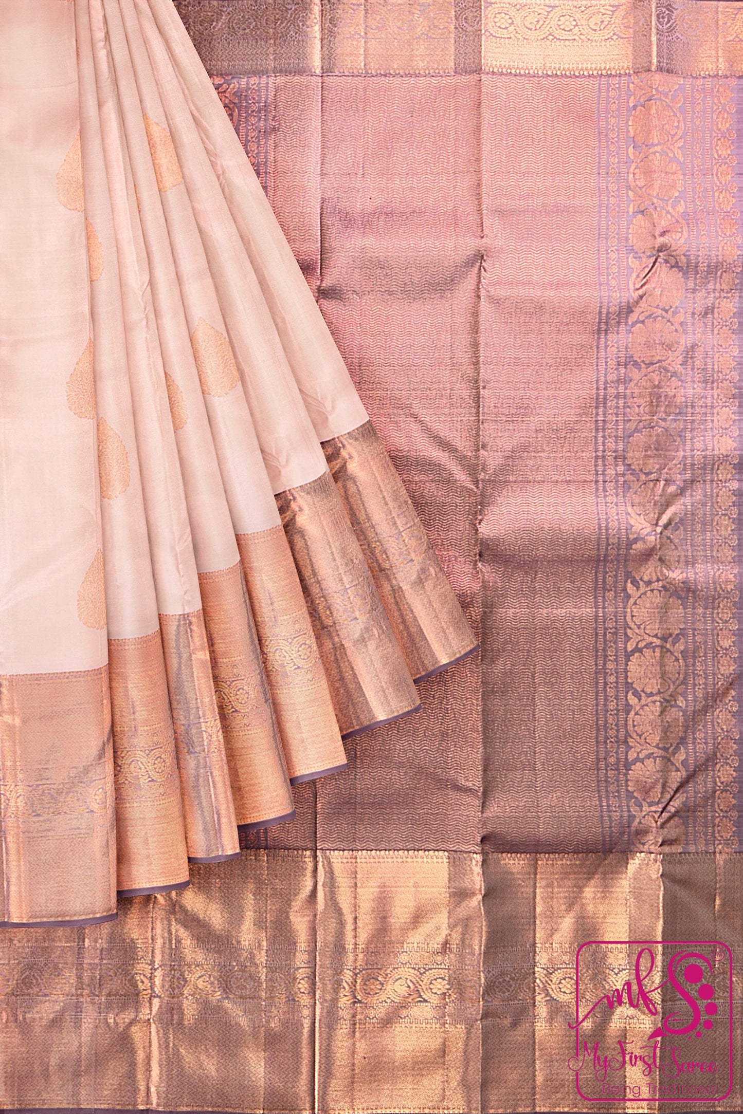 Classy Cream Kanchipuram Silk Saree From Weavers and Best on Online