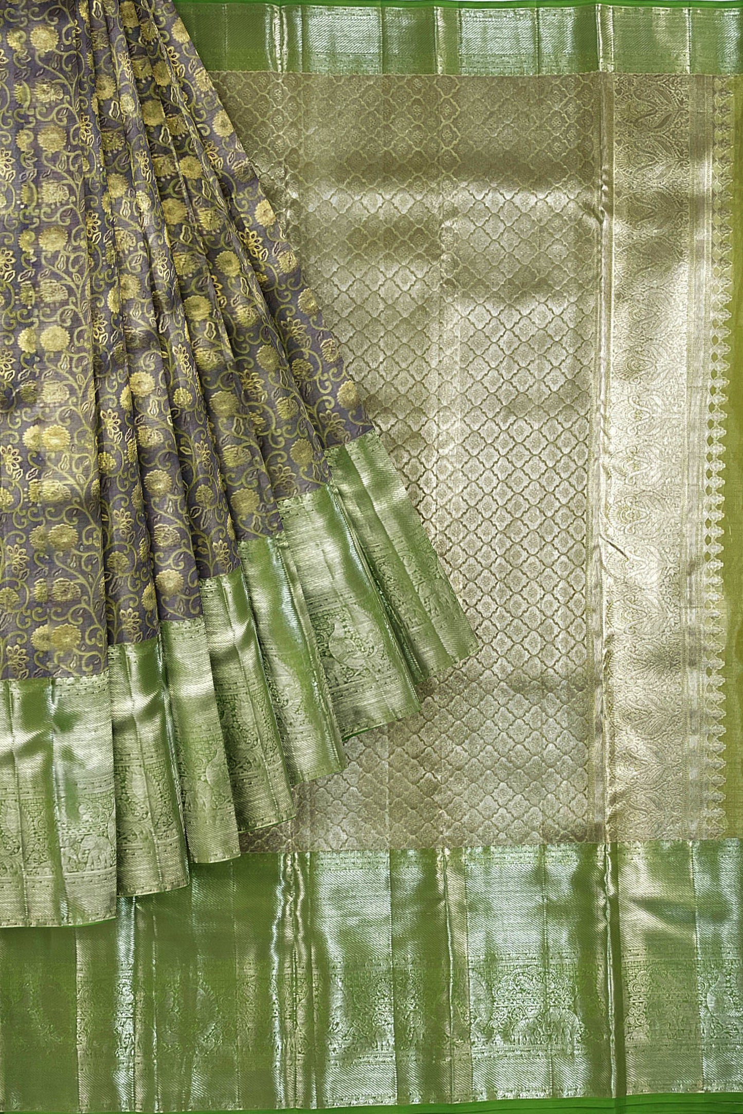 Exotic Fossil Gray with green Kanchipuram Silk Saree From Weavers and Best on Online