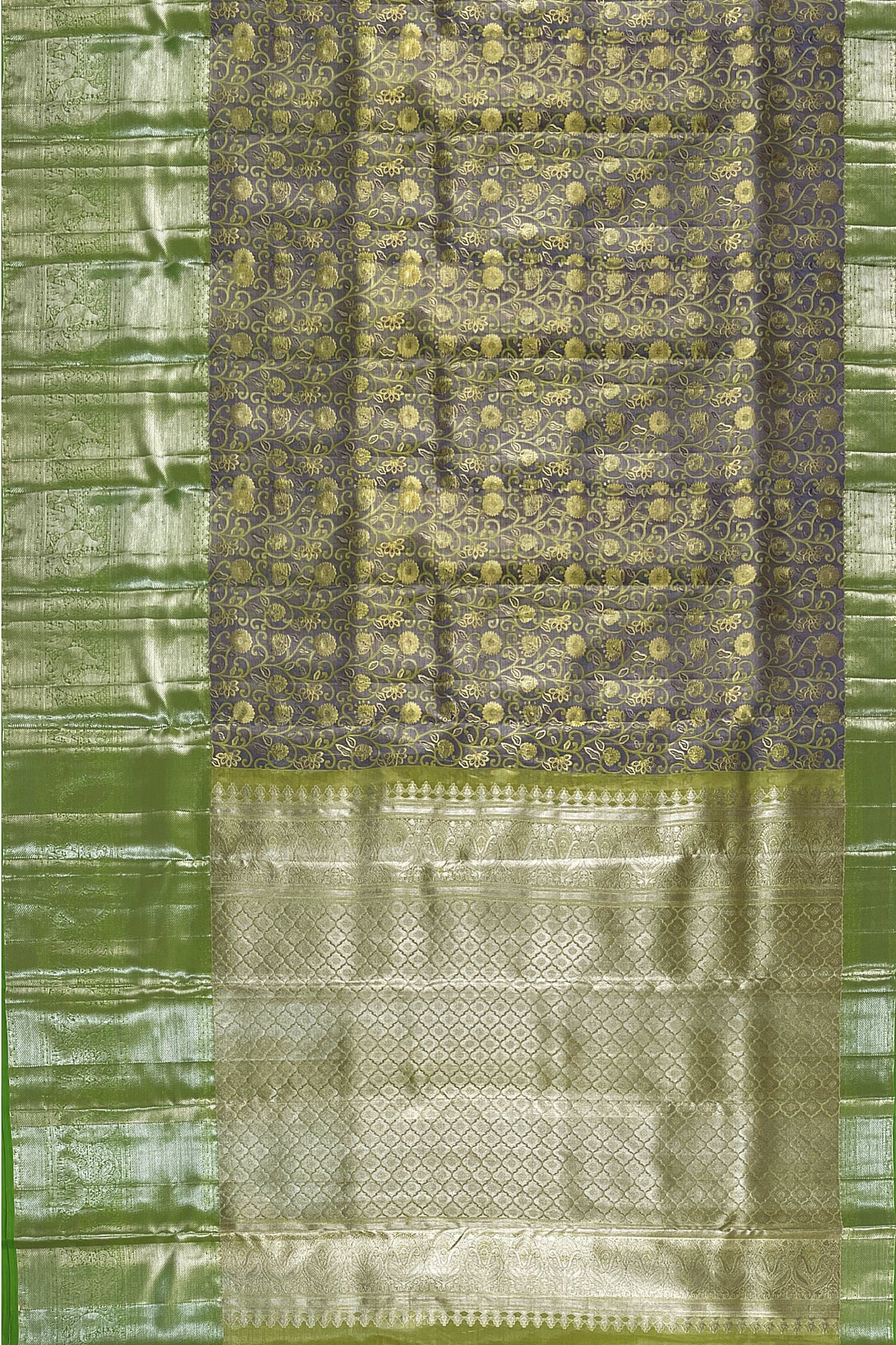 Exotic Fossil Gray with green Kanchipuram Silk Saree From Weavers and Best on Online