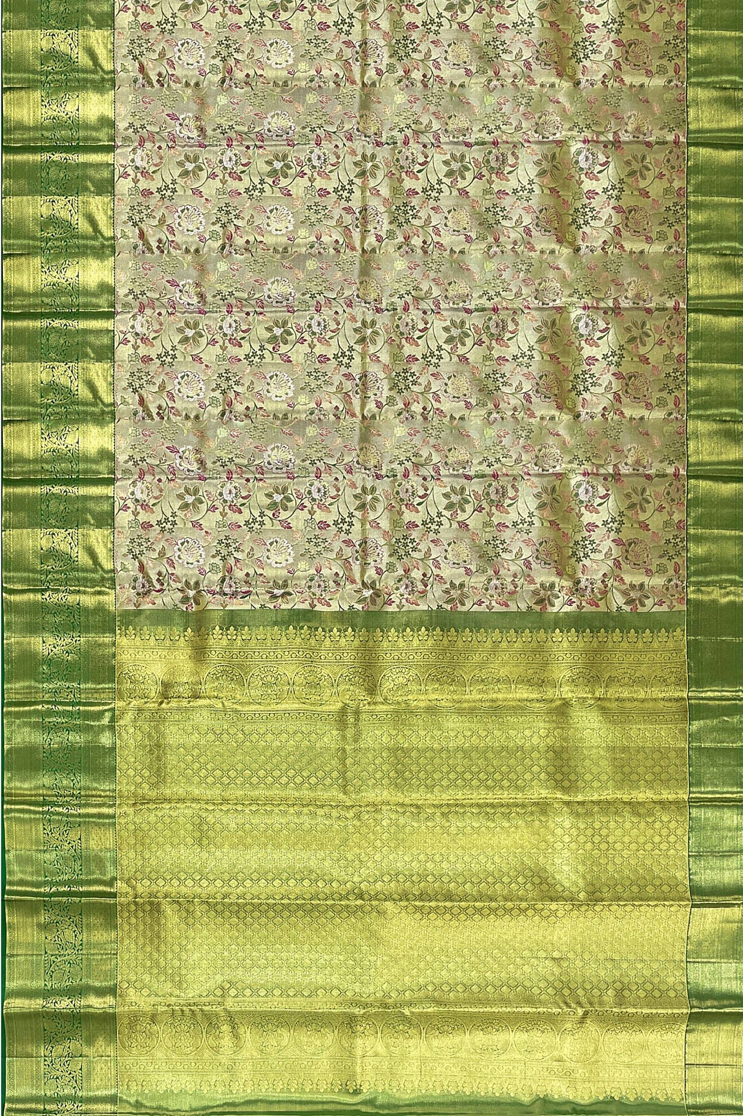 Fine Beige with Multi-color Kanchipuram Silk Saree From Weavers and Best on Online