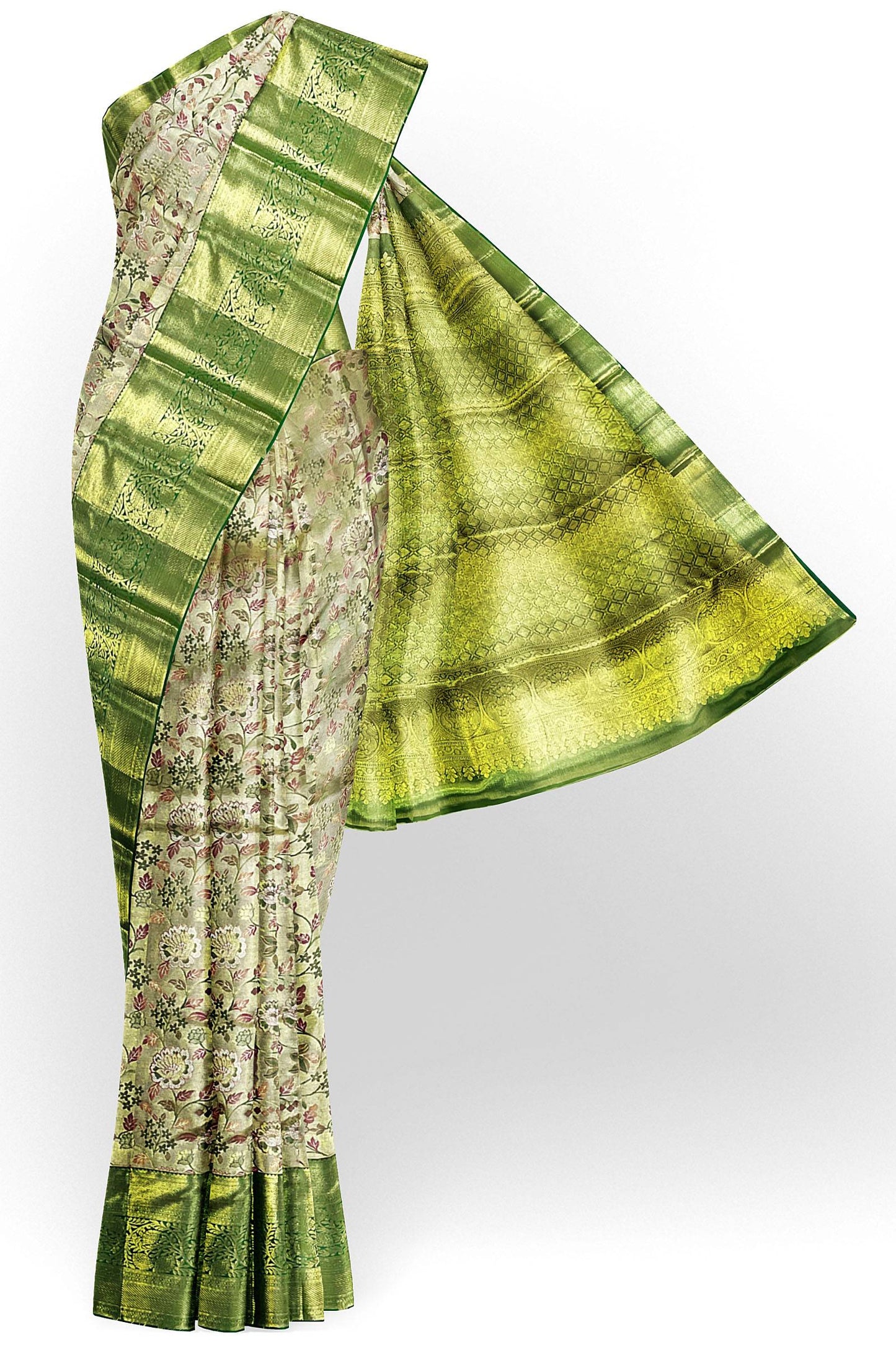 Fine Beige with Multi-color Kanchipuram Silk Saree From Weavers and Best on Online