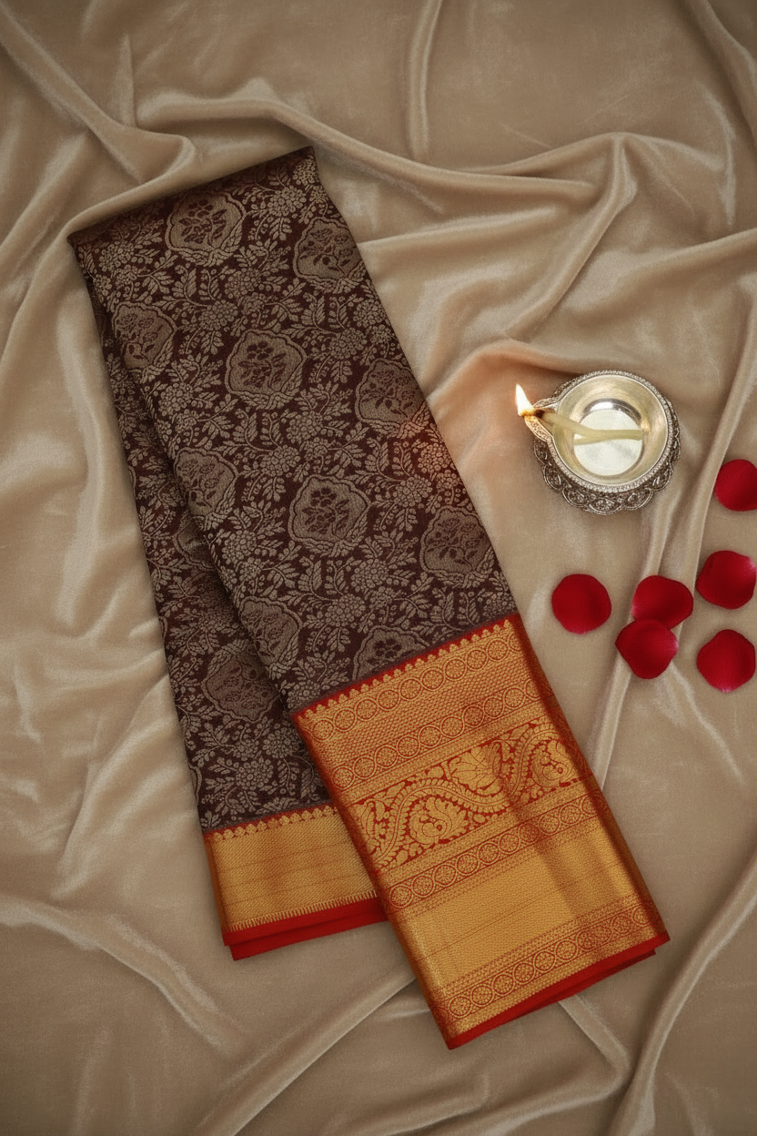 Classic Chocolate Brown Pure Kanjipuram Saree From Weavers and Best on Online