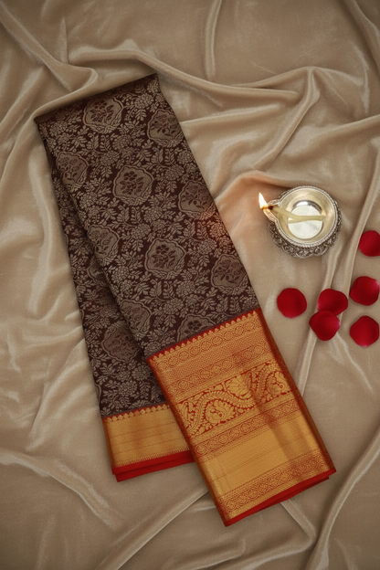 Classic Chocolate Brown Pure Kanjipuram Saree From Weavers and Best on Online