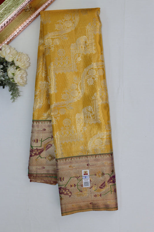 Exquisite Yellow Pure Kanjipuram Saree From Weavers and Best on Online