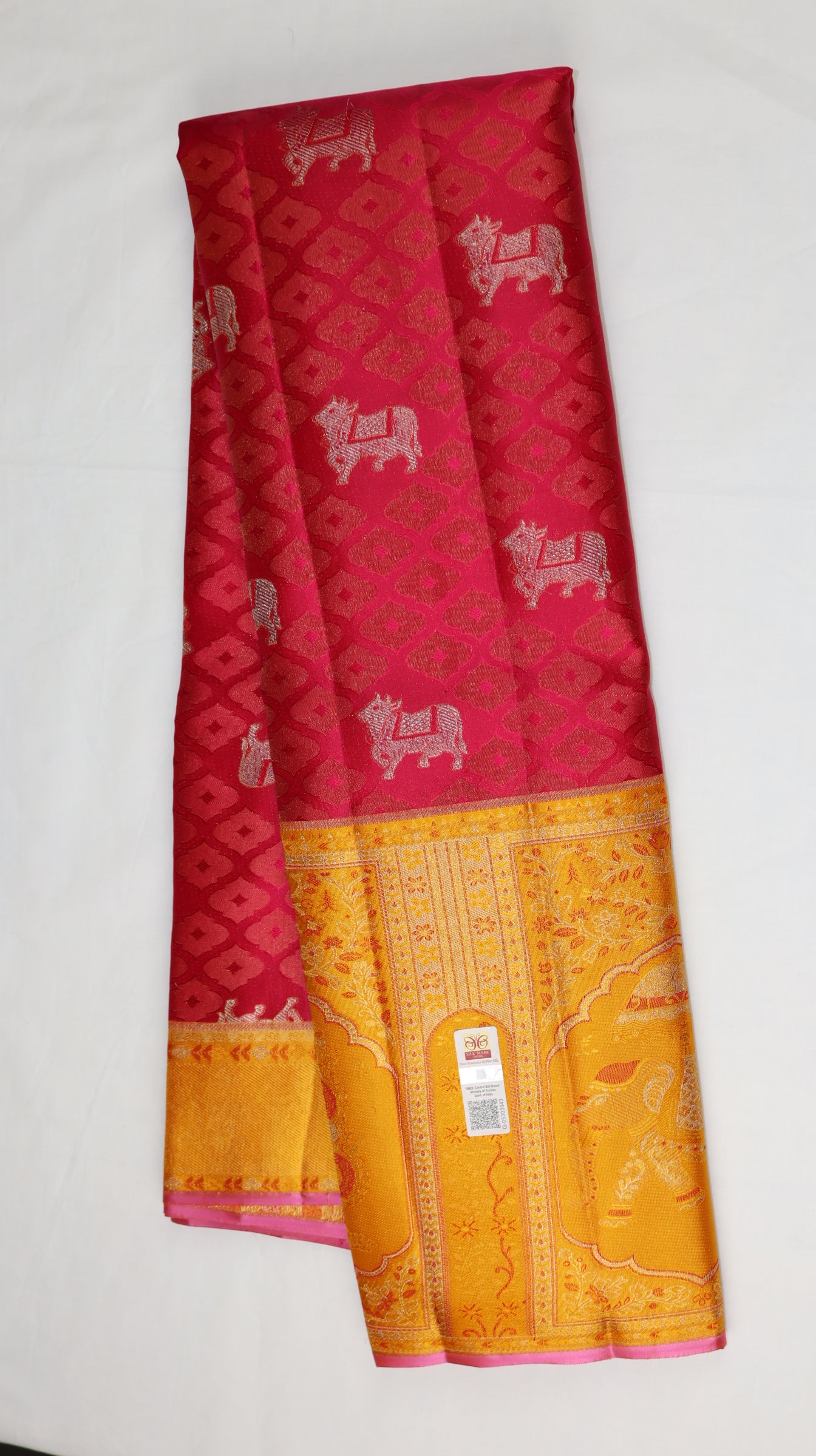Red Pink Kanchipuram Silk Saree with Yellow Elephant Border | Handloom Bridal Saree | My First Saree From Weavers and Best on Online