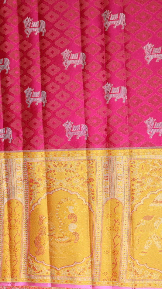 Red Pink Kanchipuram Silk Saree with Yellow Elephant Border | Handloom Bridal Saree | My First Saree From Weavers and Best on Online