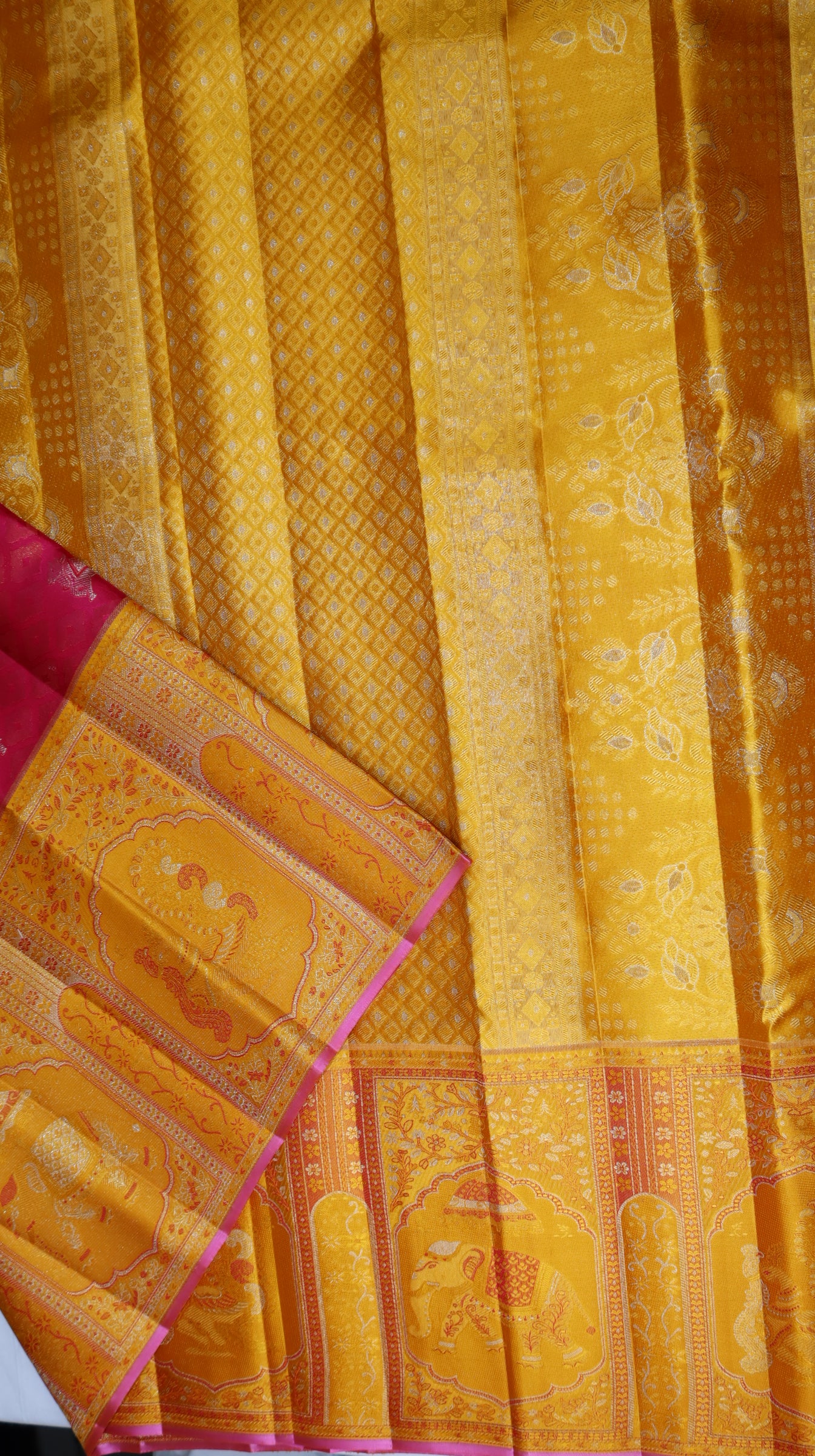 Red Pink Kanchipuram Silk Saree with Yellow Elephant Border | Handloom Bridal Saree | My First Saree From Weavers and Best on Online