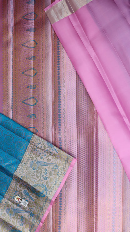 Sky Blue Kanchipuram Silk Saree with Silver Bird Border | Handloom Bridal Saree | My First Saree From Weavers and Best on Online