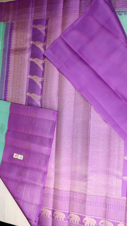Mint Green Kanchipuram Silk Saree with Purple Elephant Border | Handloom Bridal Saree | My First Saree