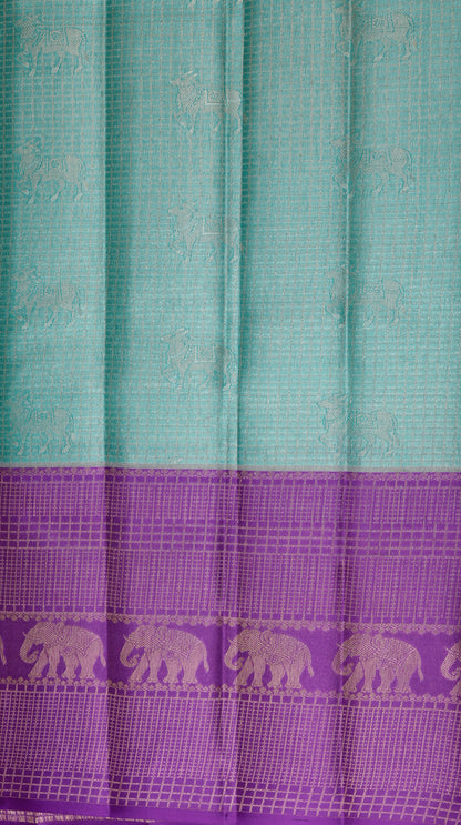 Mint Green Kanchipuram Silk Saree with Purple Elephant Border | Handloom Bridal Saree | My First Saree