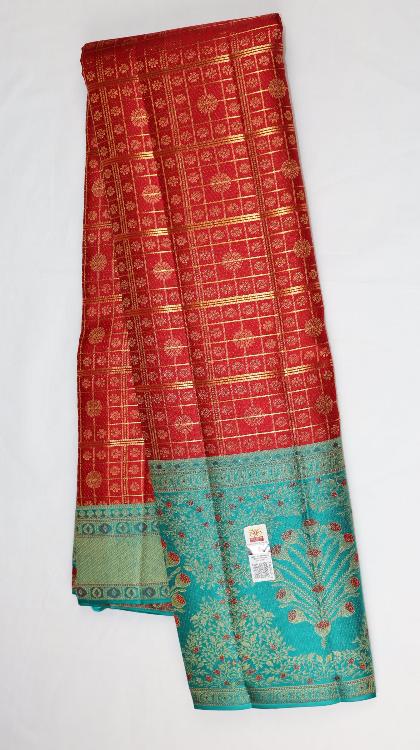 Red Kanchipuram Silk Saree with Teal Blue Floral Border | Handloom Bridal Saree | My First Saree From Weavers and Best on Online