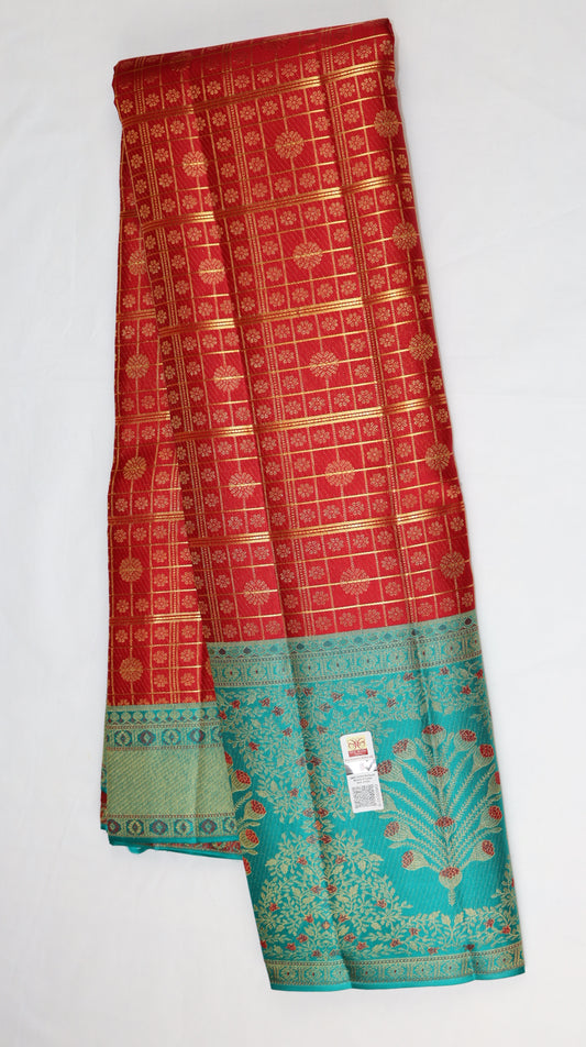 Red Kanchipuram Silk Saree with Teal Blue Floral Border | Handloom Bridal Saree | My First Saree From Weavers and Best on Online