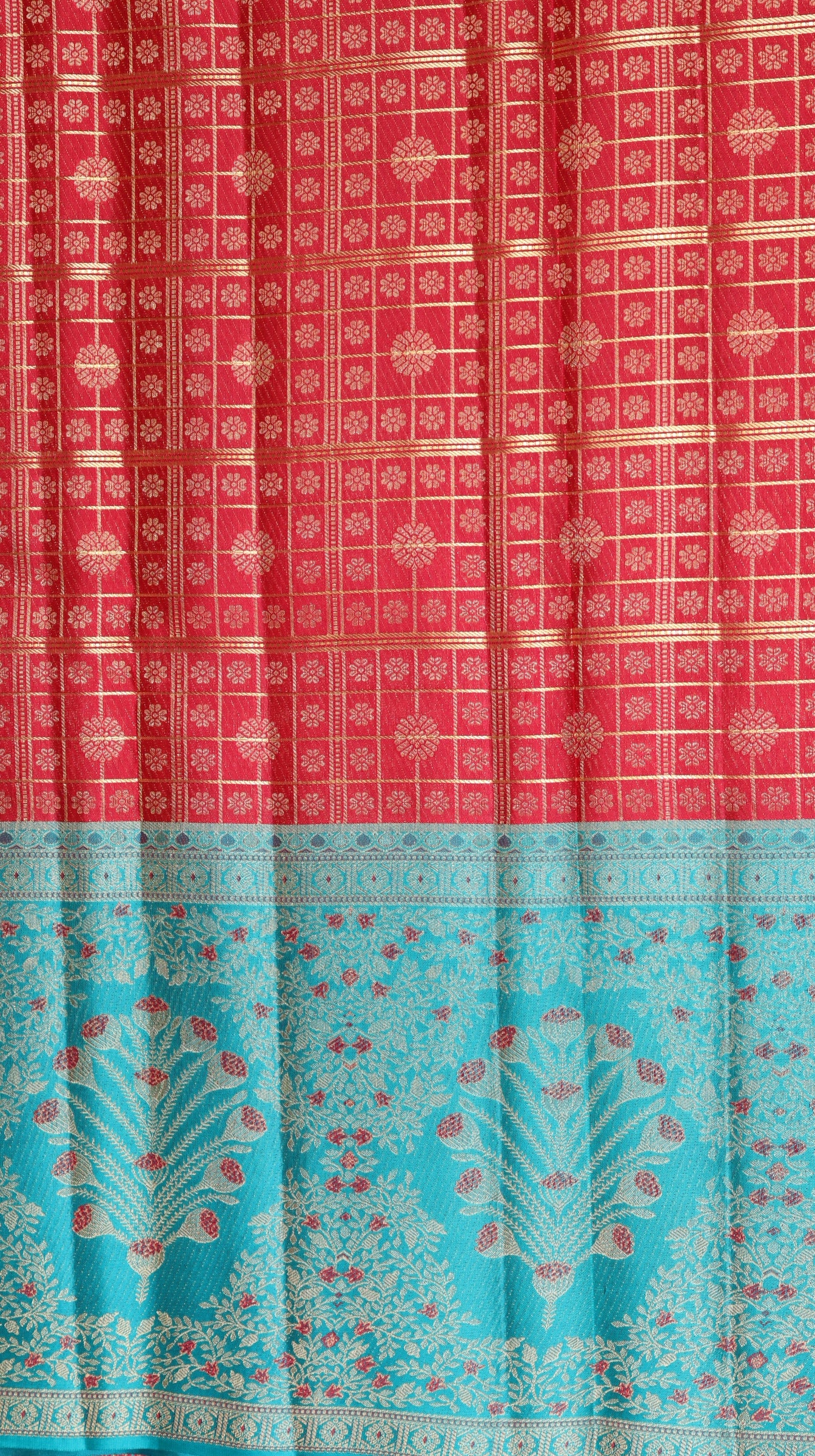 Red Kanchipuram Silk Saree with Teal Blue Floral Border | Handloom Bridal Saree | My First Saree From Weavers and Best on Online