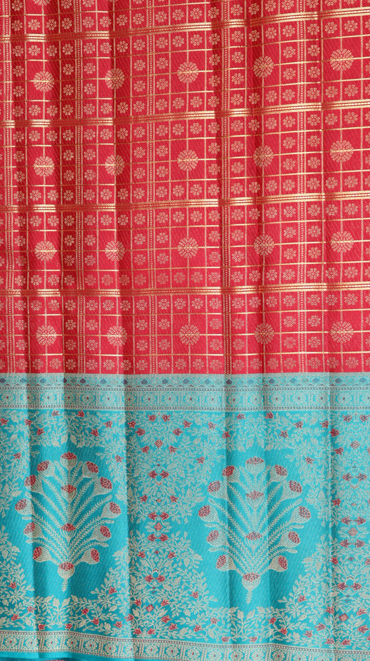 Red Kanchipuram Silk Saree with Teal Blue Floral Border | Handloom Bridal Saree | My First Saree From Weavers and Best on Online