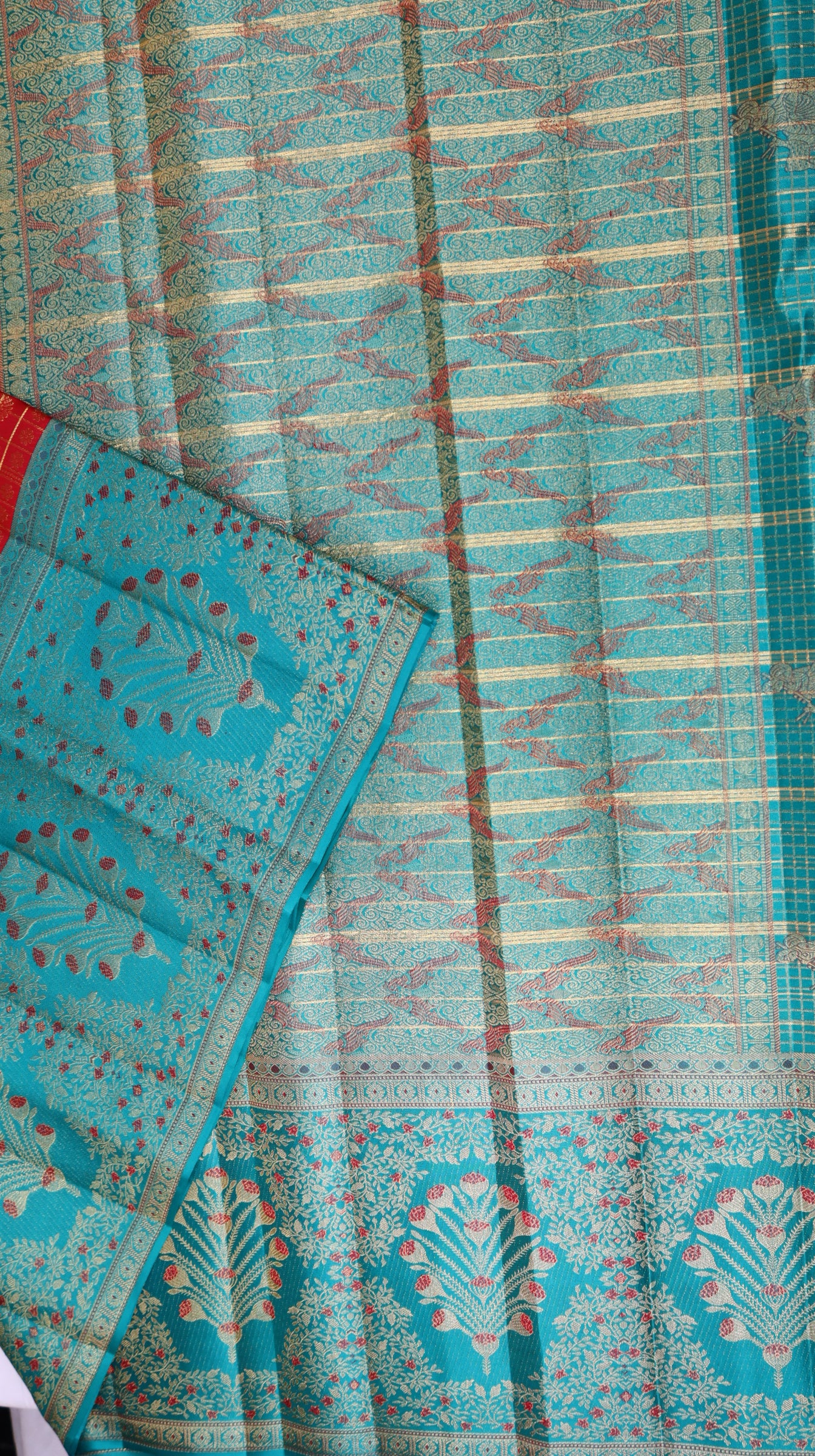 Red Kanchipuram Silk Saree with Teal Blue Floral Border | Handloom Bridal Saree | My First Saree From Weavers and Best on Online