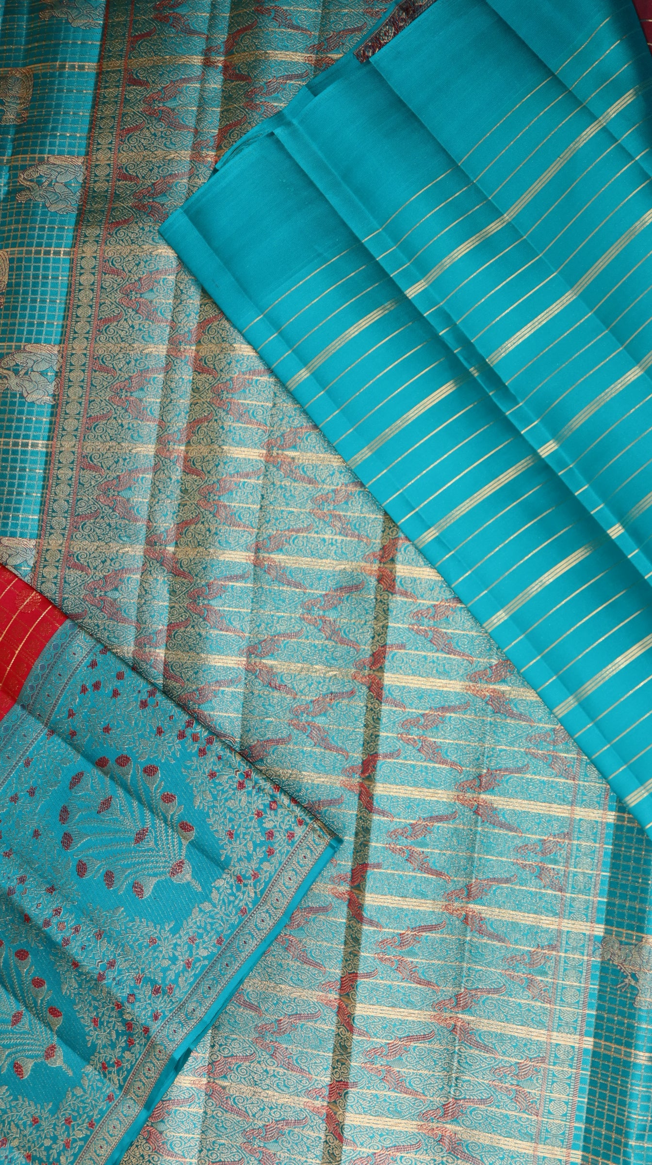 Red Kanchipuram Silk Saree with Teal Blue Floral Border | Handloom Bridal Saree | My First Saree From Weavers and Best on Online