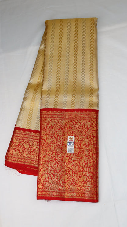 Tissue Off White Kanchipuram Silk Saree with Red Zari Border | Elephant Motif Bridal Saree | My First Saree