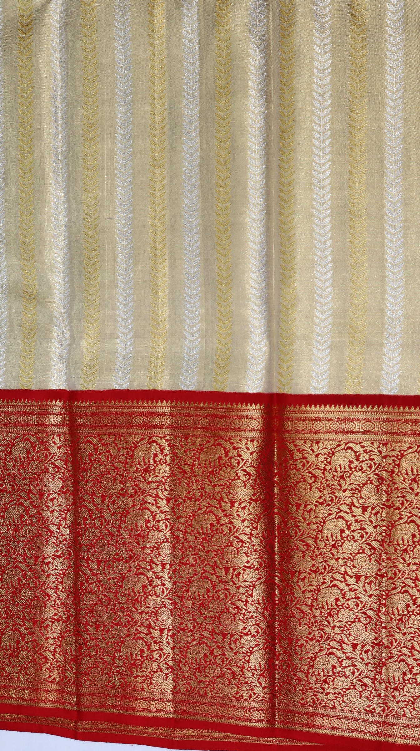 Tissue Off White Kanchipuram Silk Saree with Red Zari Border | Elephant Motif Bridal Saree | My First Saree