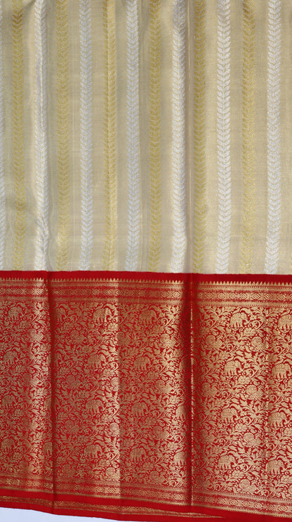 Tissue Off White Kanchipuram Silk Saree with Red Zari Border | Elephant Motif Bridal Saree | My First Saree