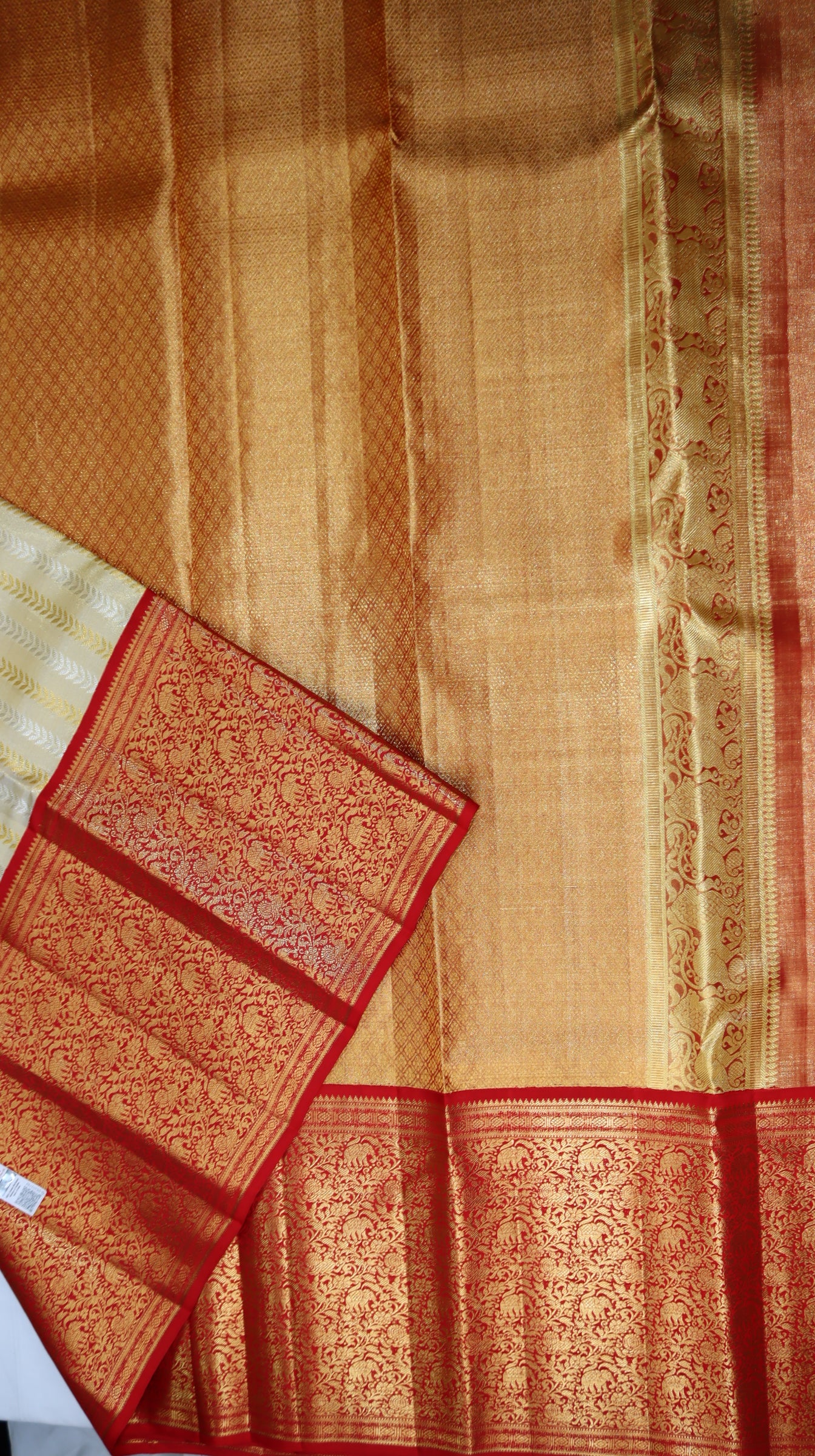 Tissue Off White Kanchipuram Silk Saree with Red Zari Border | Elephant Motif Bridal Saree | My First Saree