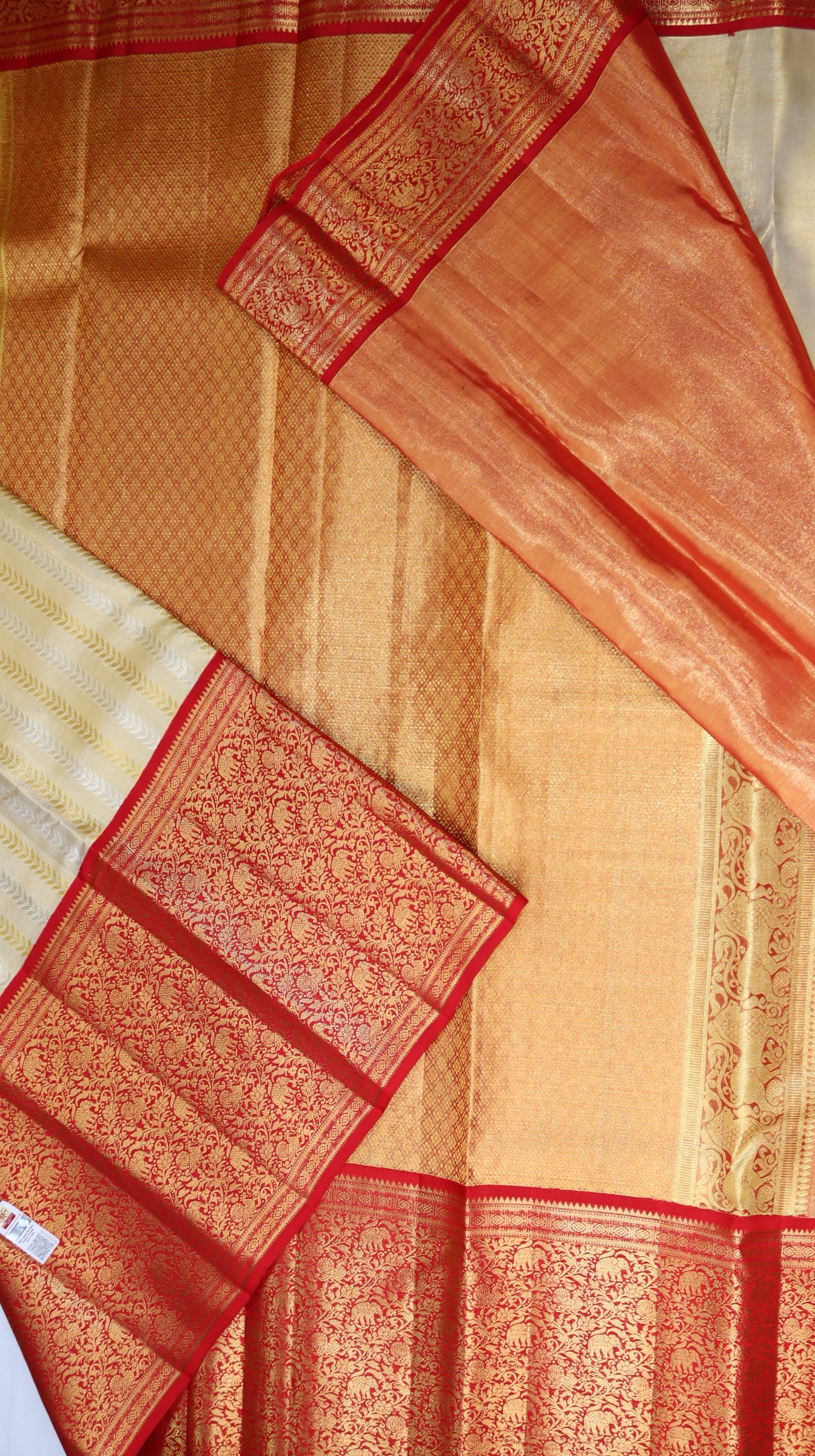 Tissue Off White Kanchipuram Silk Saree with Red Zari Border | Elephant Motif Bridal Saree | My First Saree