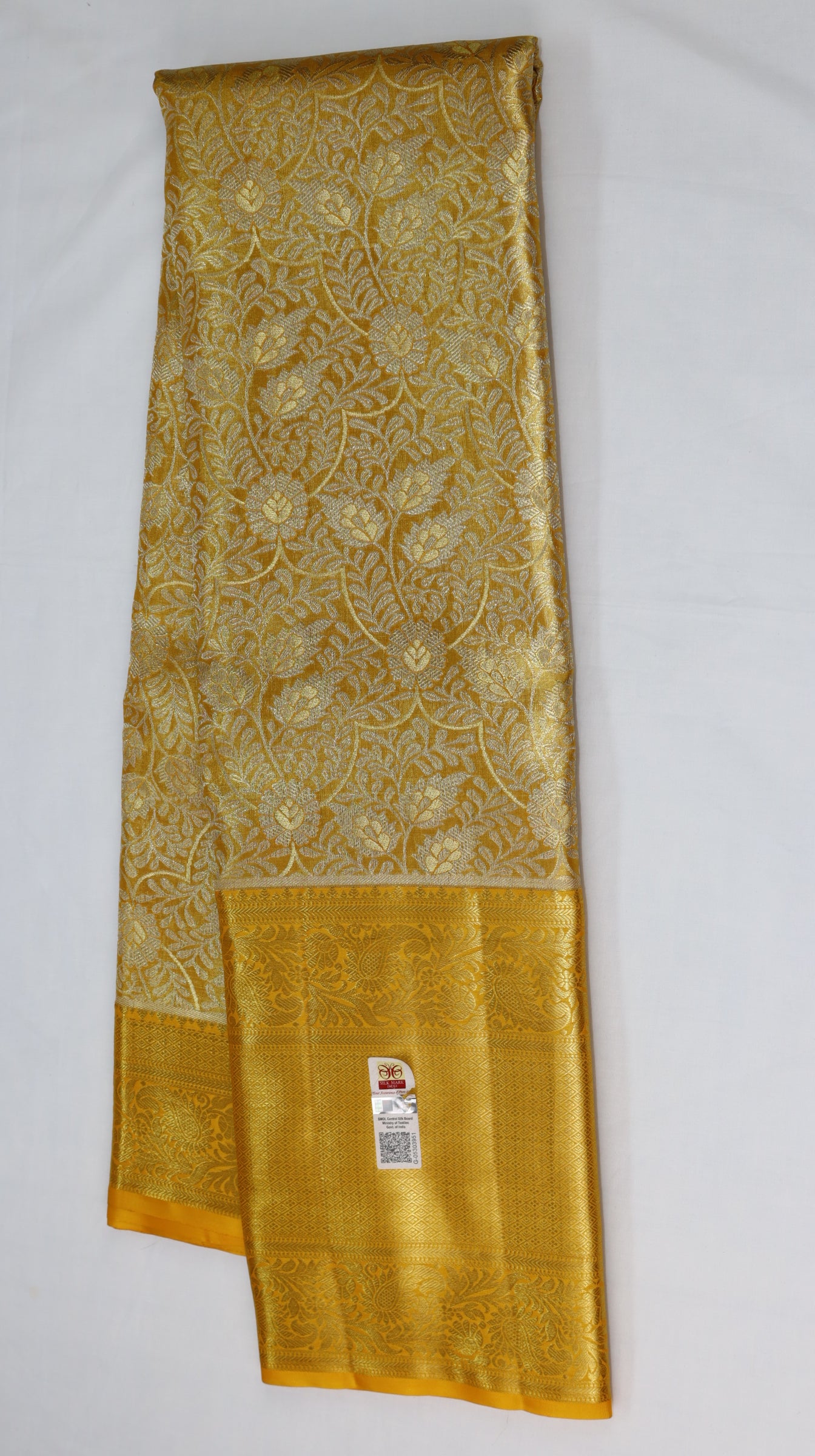 Golden Yellow Kanchipuram Silk Saree with Rich Zari Border | Floral Brocade Bridal Saree | My First Saree From Weavers and Best on Online