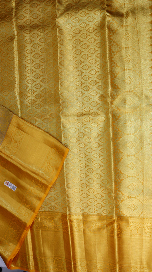 Golden Yellow Kanchipuram Silk Saree with Rich Zari Border | Floral Brocade Bridal Saree | My First Saree From Weavers and Best on Online