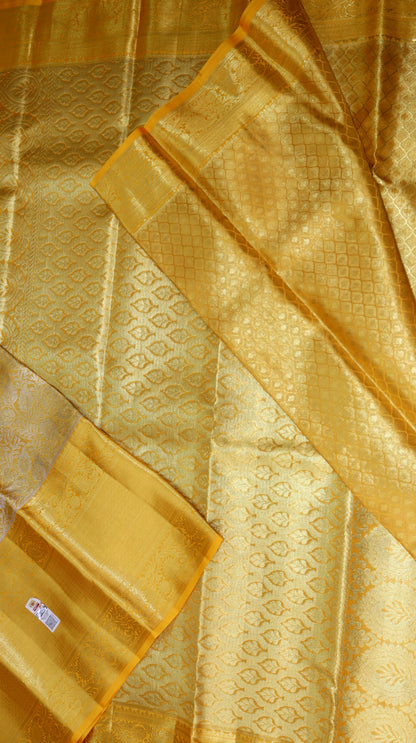 Golden Yellow Kanchipuram Silk Saree with Rich Zari Border | Floral Brocade Bridal Saree | My First Saree From Weavers and Best on Online