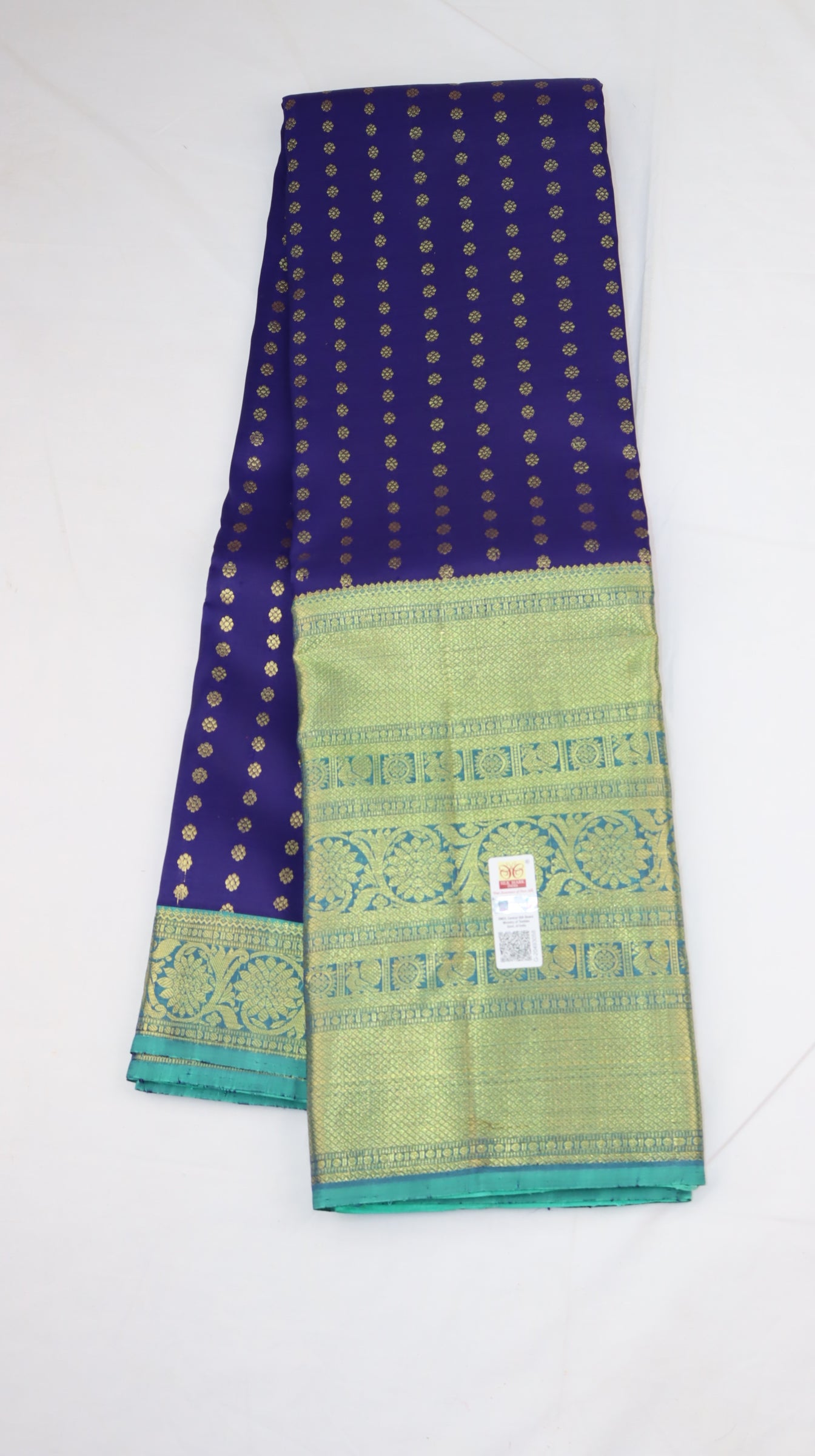 Royal Blue Pure Kanchipuram Silk Saree with Gold Zari Buttas & Contrast Sea Green Border