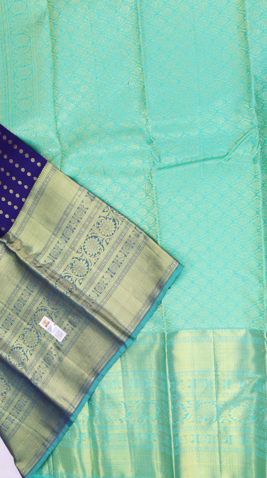 Royal Blue Pure Kanchipuram Silk Saree with Gold Zari Buttas & Contrast Sea Green Border From Weavers and Best on Online