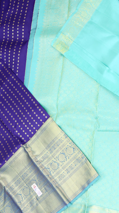 Royal Blue Pure Kanchipuram Silk Saree with Gold Zari Buttas & Contrast Sea Green Border