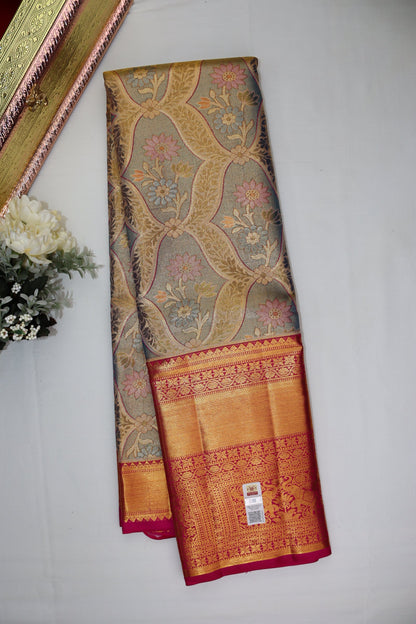 Exquisite Grey Pure Kanjipuram Saree From Weavers and Best on Online