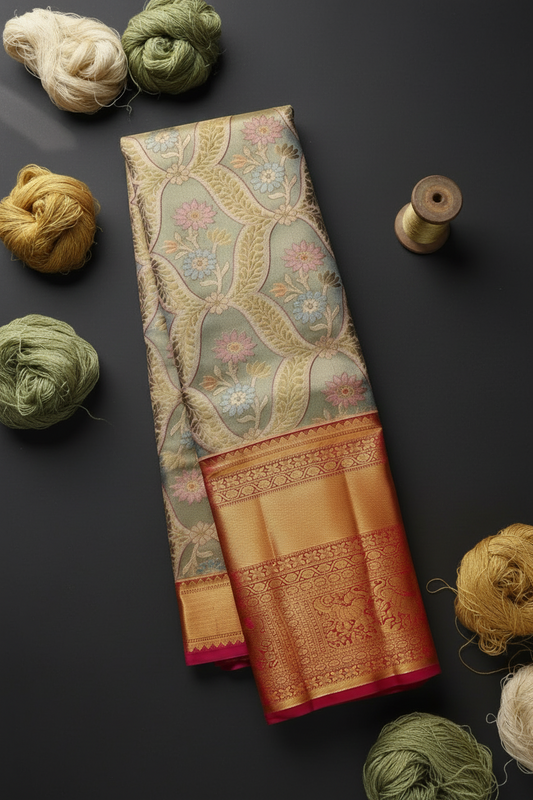 Exquisite Grey Pure Kanjipuram Saree