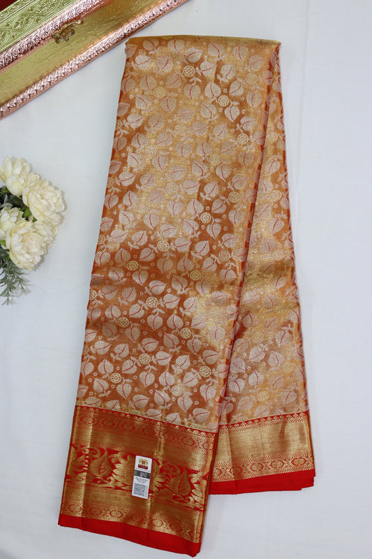 Luxurious Orange Pure Kanjipuram Saree From Weavers and Best on Online