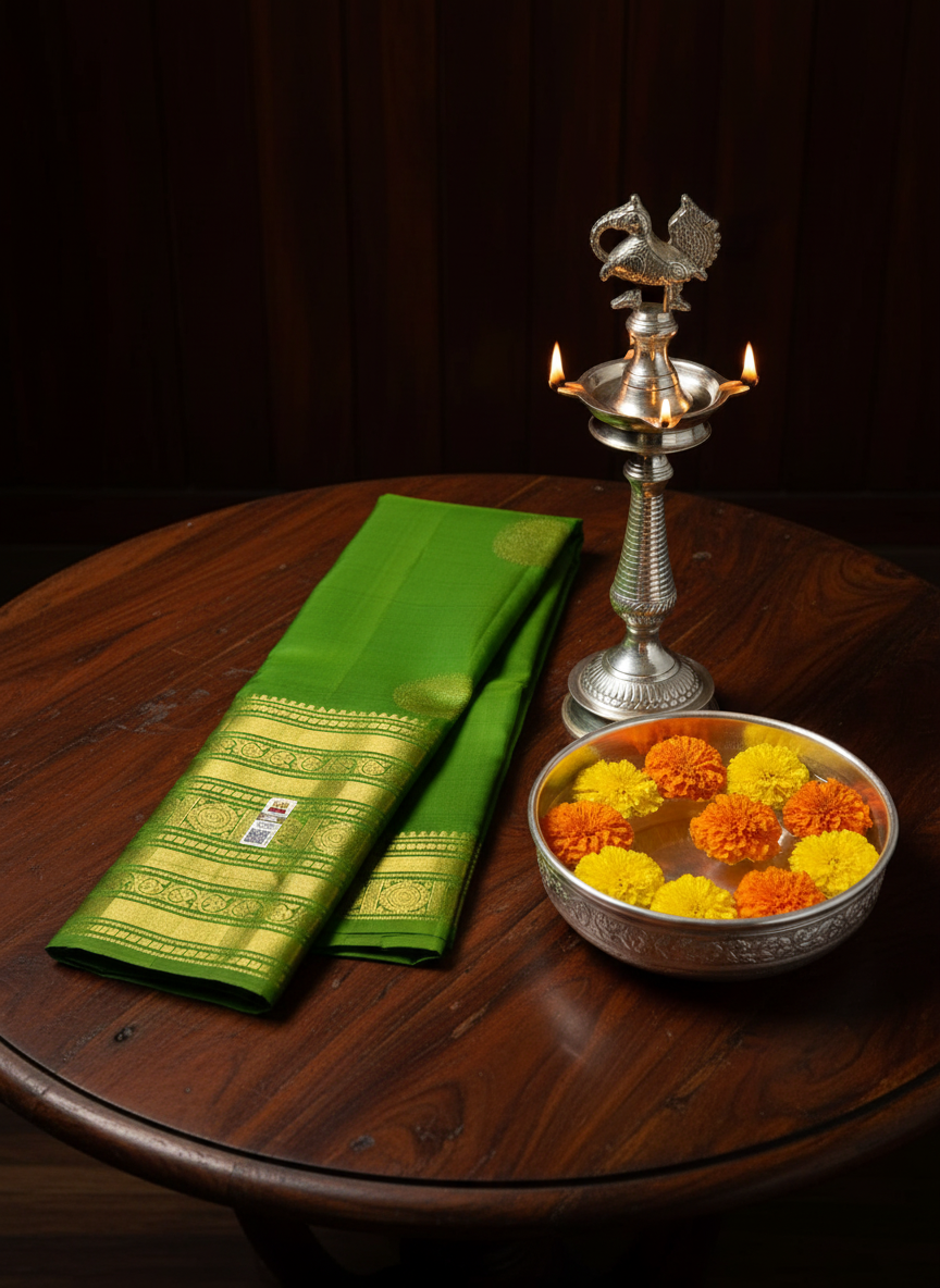 Traditional Parrot green Kanchipuram Silk Saree