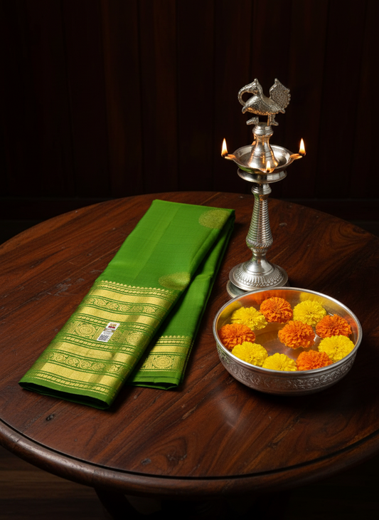 Traditional Parrot green Kanchipuram Silk Saree