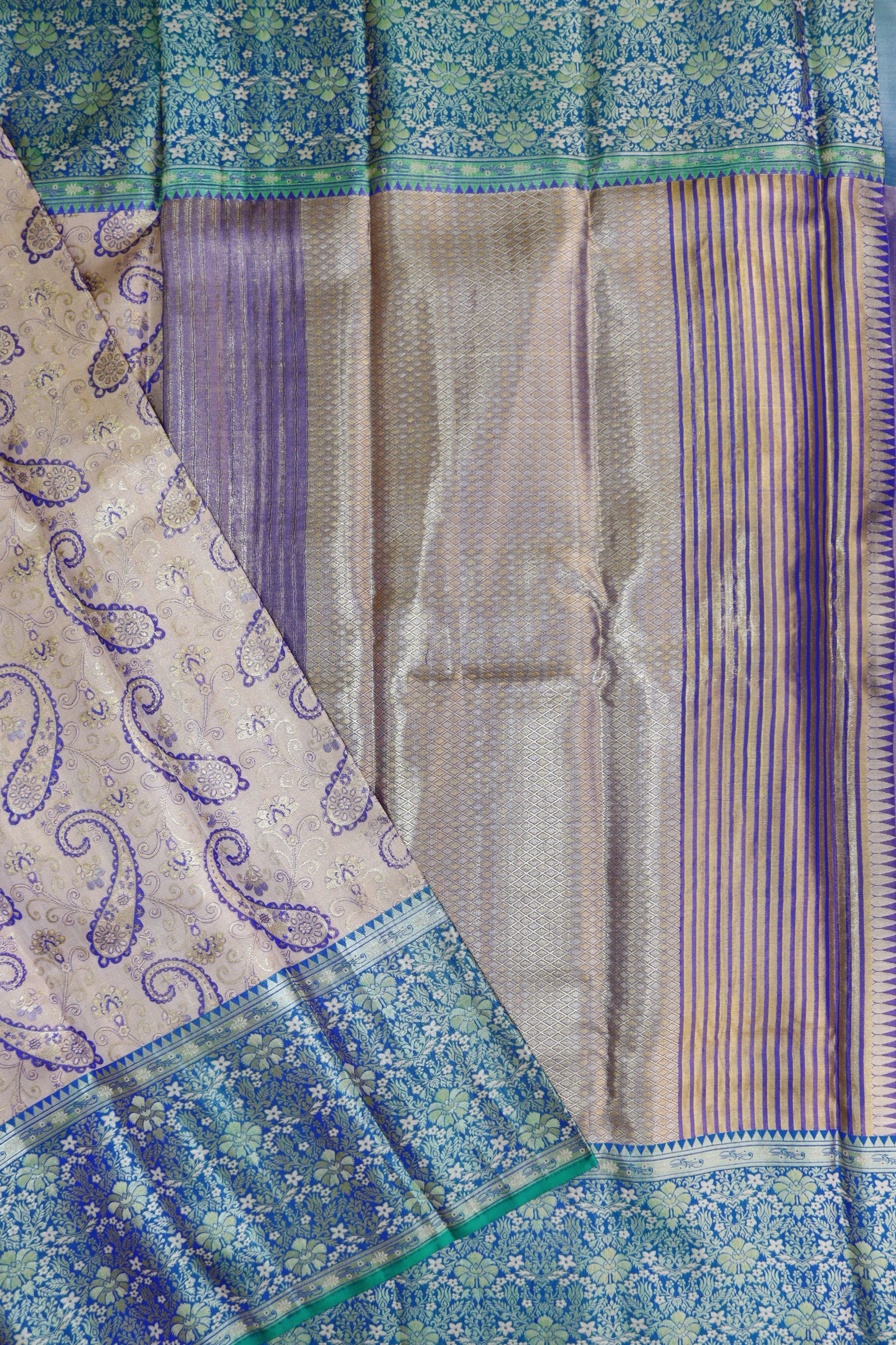 Exotic Beige Kanchipuram Designer Silk Saree From Weavers and Best on Online