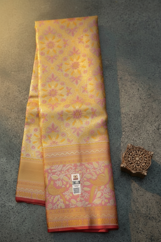 Timeless Yellow With Pink Kanchipuram Silk Saree