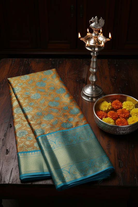 Timeless Orange with Blue Kanchipuram Silk Saree