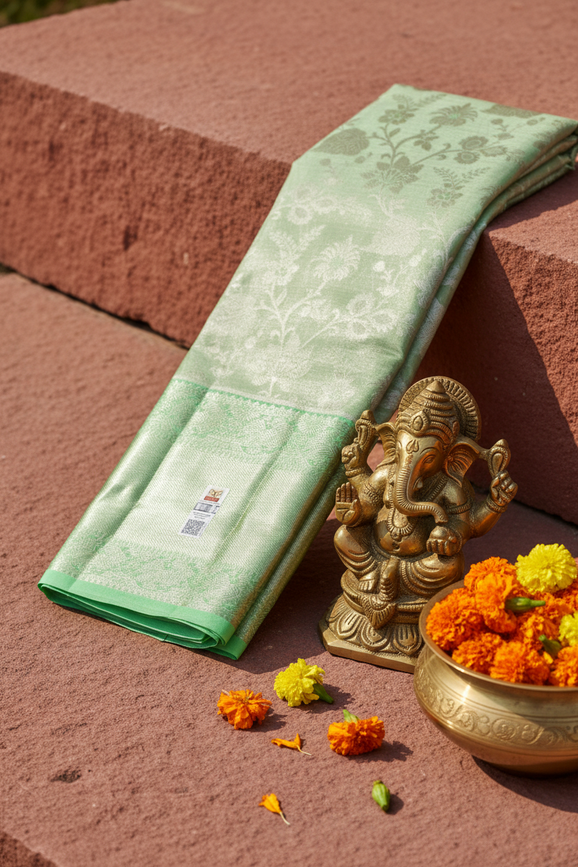 Classy Light green with Silver tone Kanchipuram Silk Saree